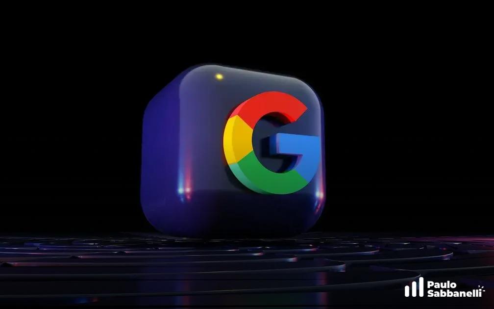 Ícone 3D do G do Google flutuando sobre uma superfície escura em formato de placa de circuito