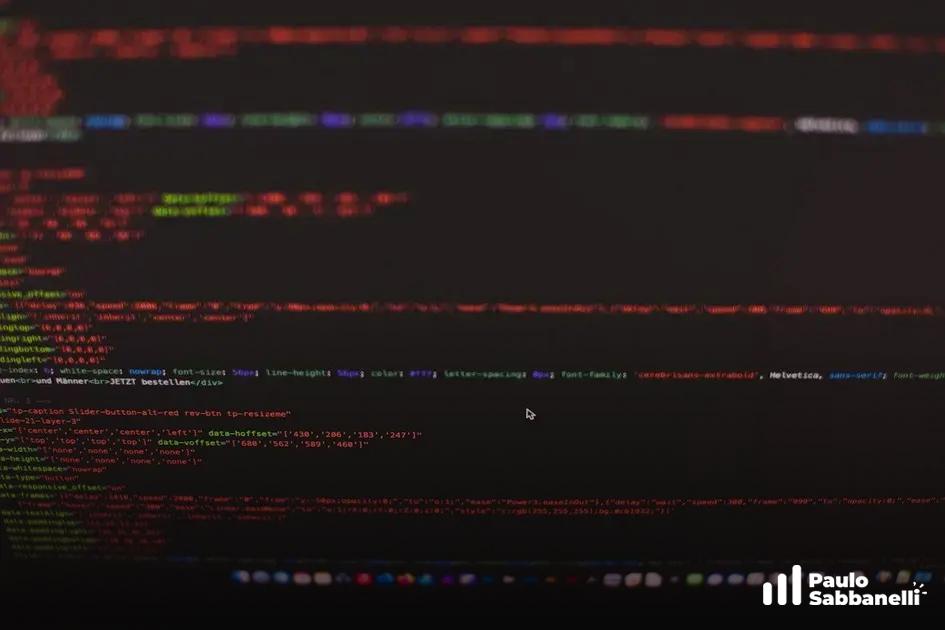 Código CSS e HTML fortemente destacado em vermelho, com miniaturas coloridas na parte inferior