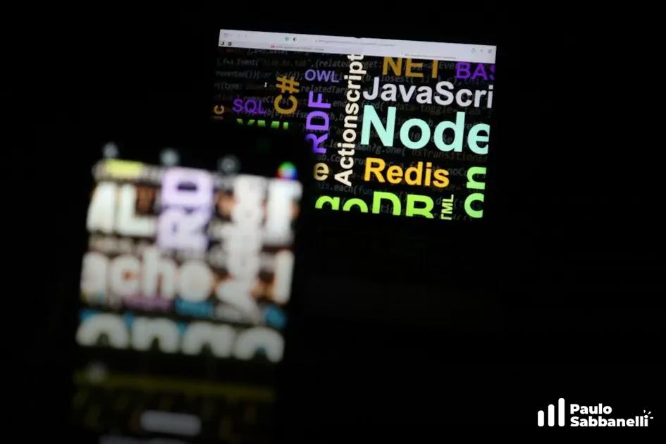 Nuvem de palavras com nomes de tecnologias como JavaScript, Node e Redis refletida em superfície escura