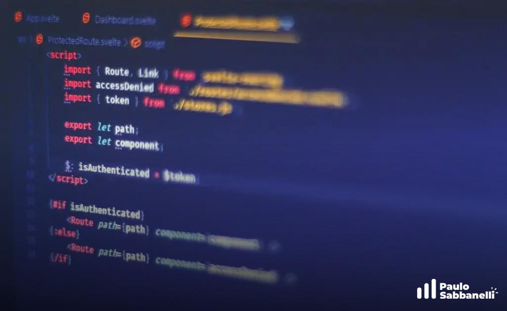 Tela desfocada em tons azuis com código Svelte de componentes como App e Dashboard