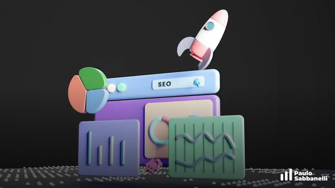 Ilustração 3D de um foguete decolando de uma barra de busca com a palavra SEO e gráficos ao redor