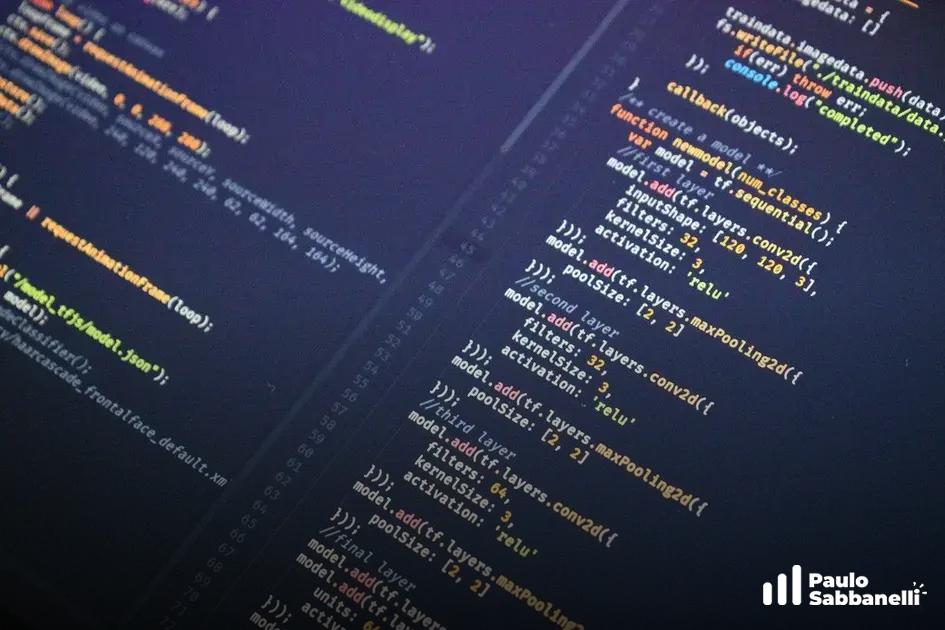 Tela escura com código Python de rede neural, exibindo camadas Conv2D e MaxPooling coloridas