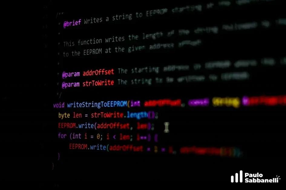 Tela escura com código em C exibindo função para escrever texto em memória EEPROM