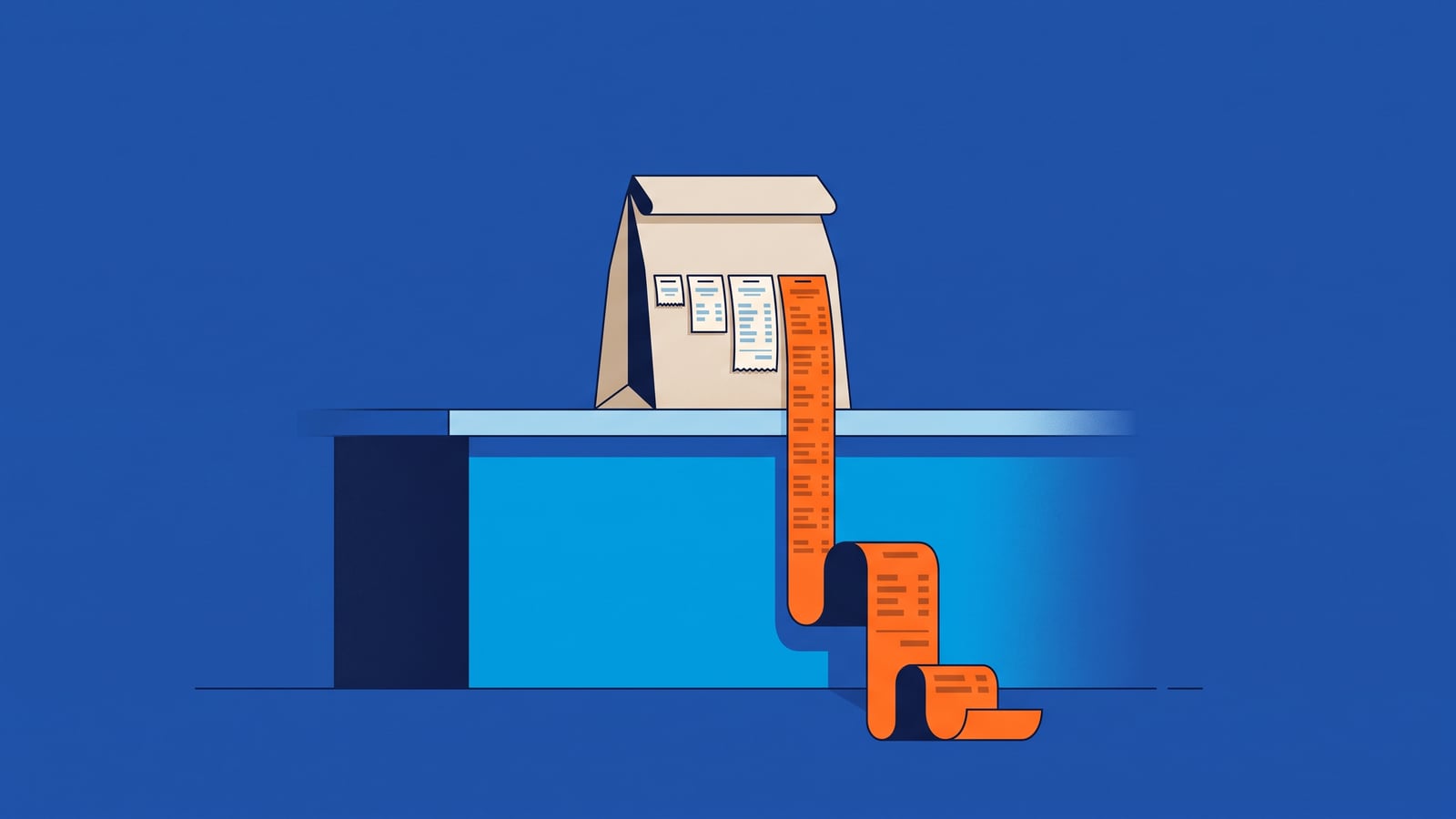 Ilustração de uma sacola de papel pequena sobre um balcão com quatro notinhas grampeadas, da menor, do tamanho de um canhoto, à maior, laranja, que desenrola do balcão até o chão