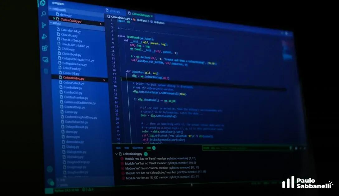 Monitor exibindo editor de código em tom azulado com árvore de arquivos e definições de classes Python
