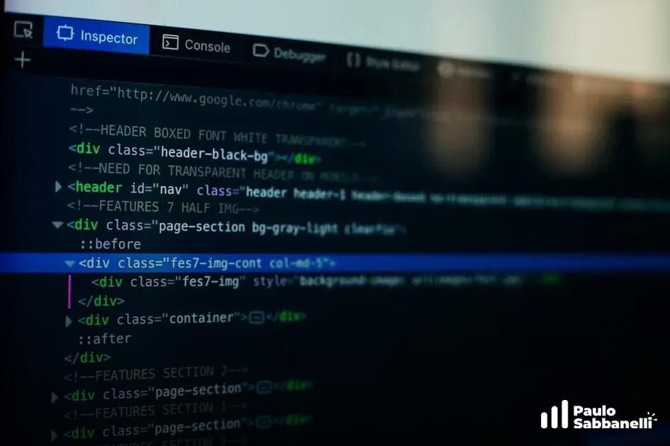 Painel de ferramentas do desenvolvedor exibindo inspetor HTML com divs de cabeçalho do site