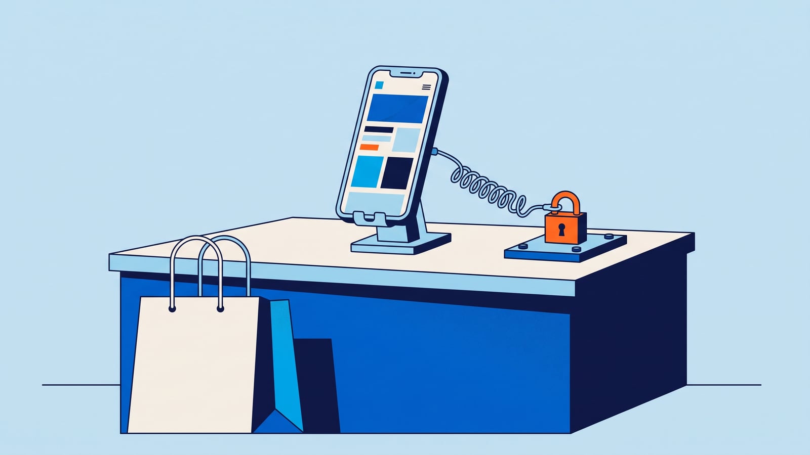 Ilustração de um celular com um site na tela, preso por um cabo antifurto em espiral a um suporte de balcão com trava laranja, ao lado de uma sacola de compras vazia que o cabo não alcança