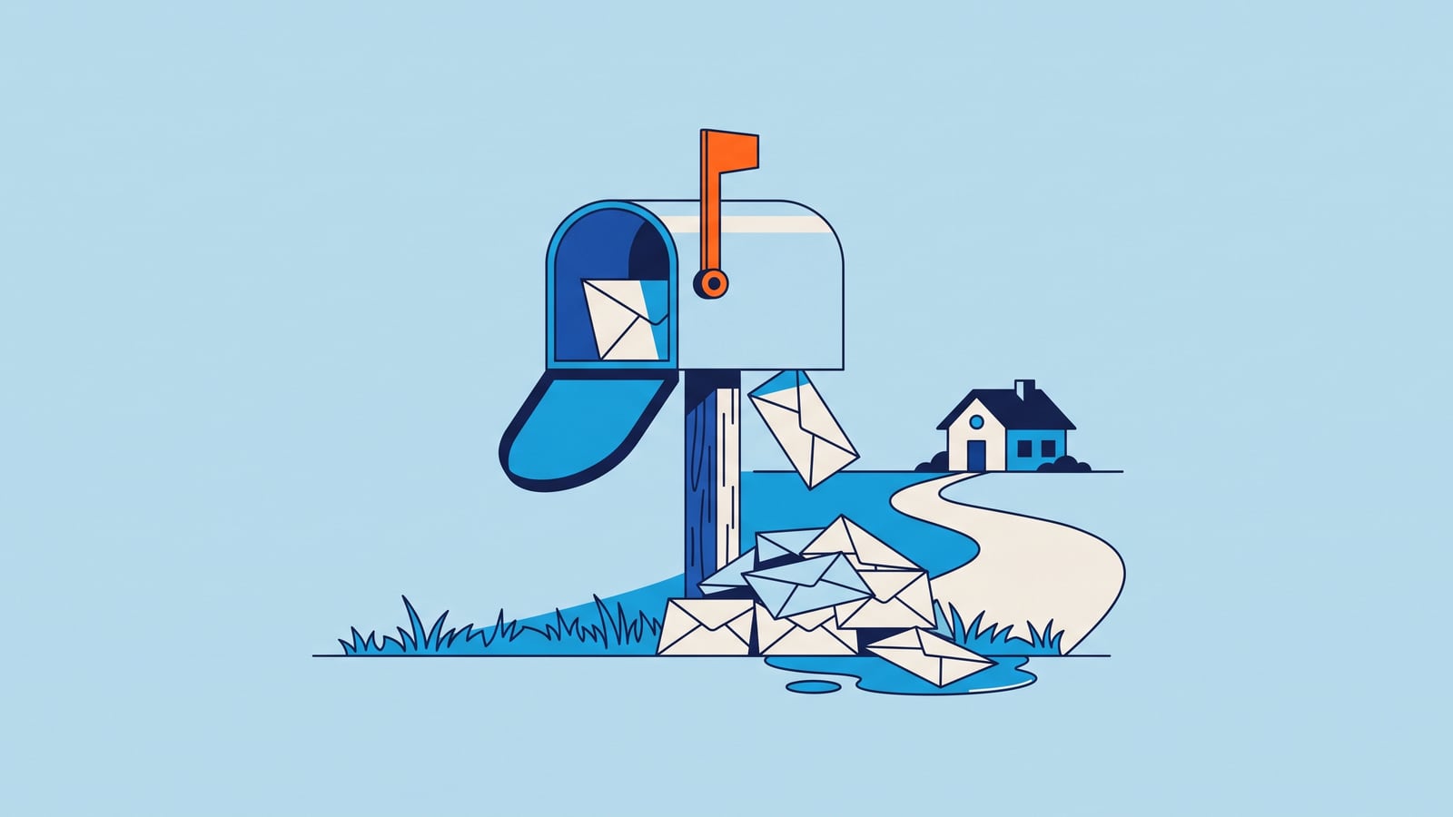 Ilustração de uma caixa de correio sem fundo, com a bandeirinha laranja levantada, e uma pilha de cartas acumulada na grama logo abaixo dela