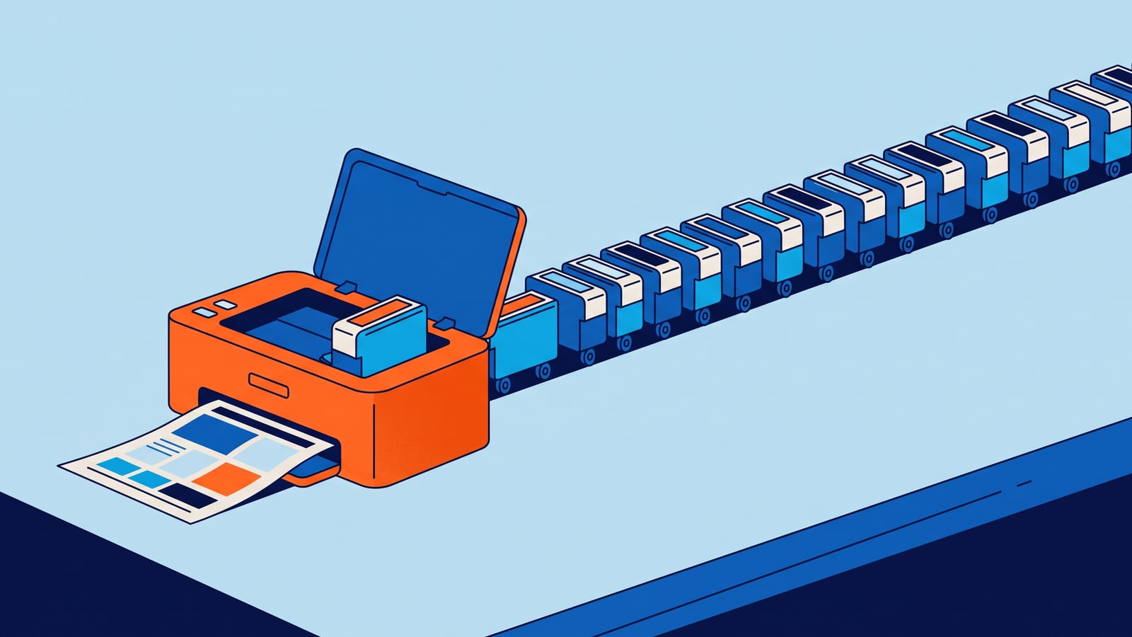 Ilustração de uma pequena impressora laranja imprimindo uma folha com o layout de um site, seguida por uma fila longa de cartuchos de tinta que se estende pela mesa