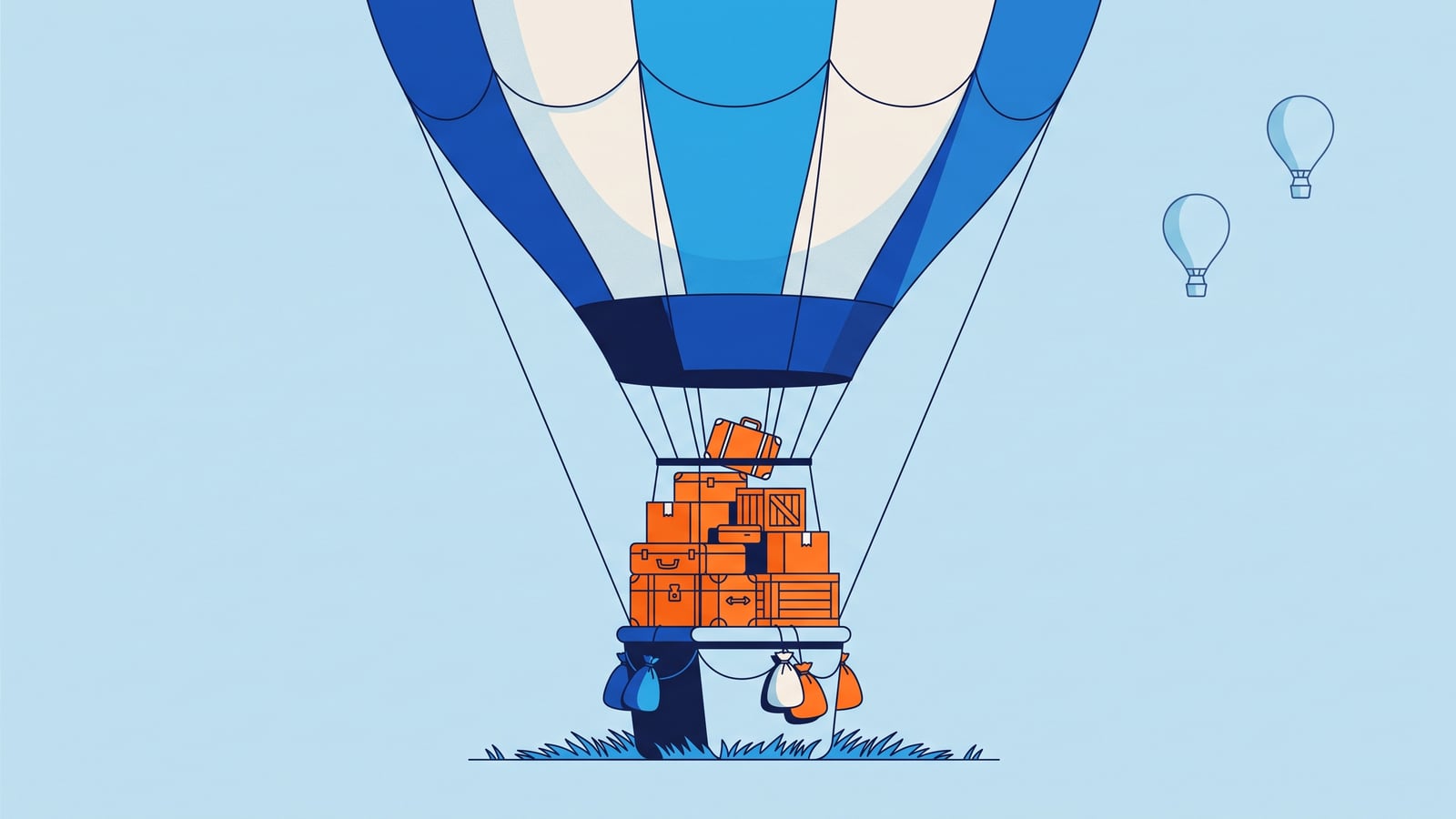 Ilustração de um balão de ar quente inflado que não sai do chão porque a cesta está abarrotada de malas, baús e caixas laranja, enquanto dois balões leves já sobem ao fundo