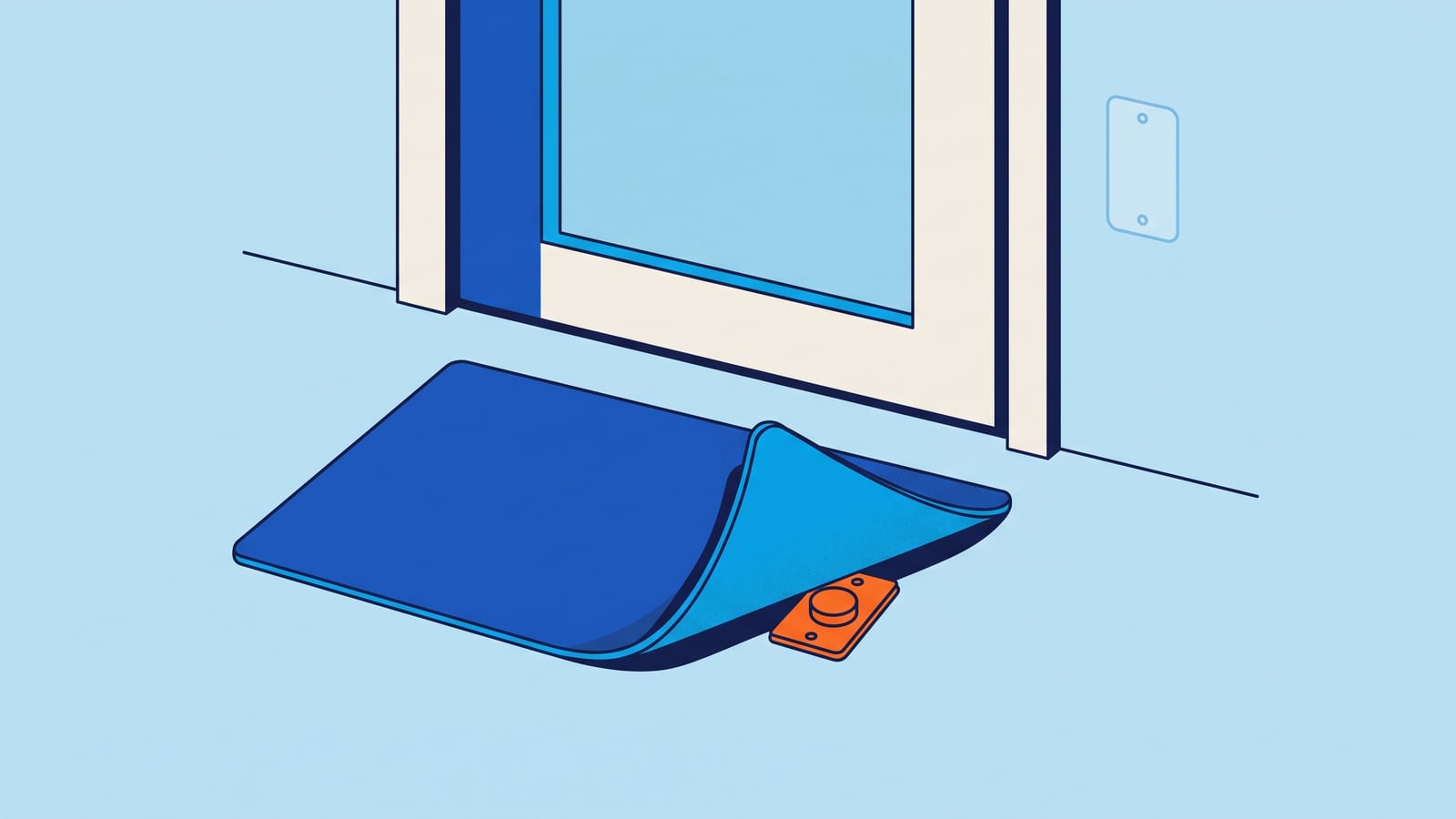 Ilustração da porta de entrada de um escritório: na parede, só o contorno vazio onde deveria estar a campainha; o canto do capacho levantado revela a campainha laranja instalada no chão, embaixo dele