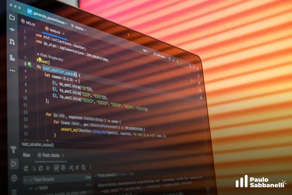 Tela de notebook com testes automatizados em Rust, refletindo um fundo em gradiente laranja e rosa
