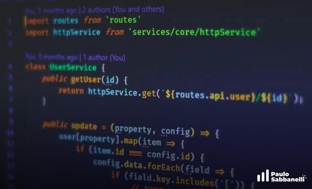 Código JavaScript com anotações de autoria mostrando importações de rotas e serviço HTTP