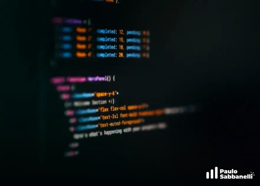 Tela desfocada com código React exibindo contadores de tarefas concluídas e pendentes
