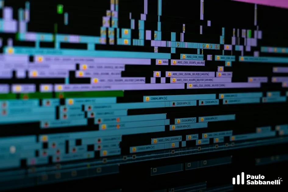 Software de edição em tela escura com múltiplas trilhas coloridas de áudio e vídeo alinhadas