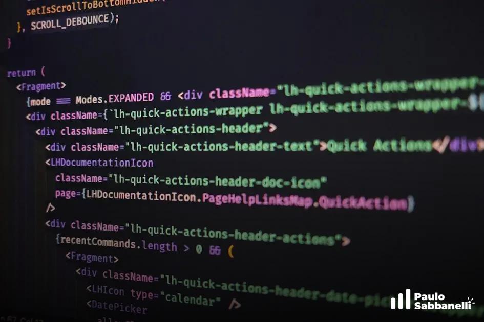 Tela com código React exibindo componentes de um menu de ações rápidas com ícones de documentação